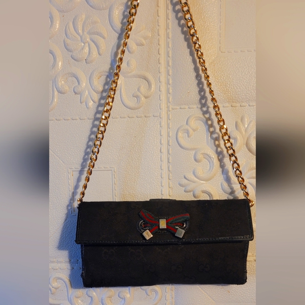 GUCCI Monogram PRINCY Vintage Web Bow Wallet in Black With Chain AUTHENTIC